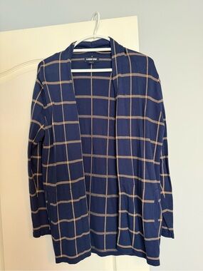 Lands' End Navy and Tan Windowpane Open-Front Cardigan